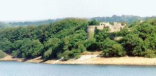 [Castle ruin seen over reservoir]